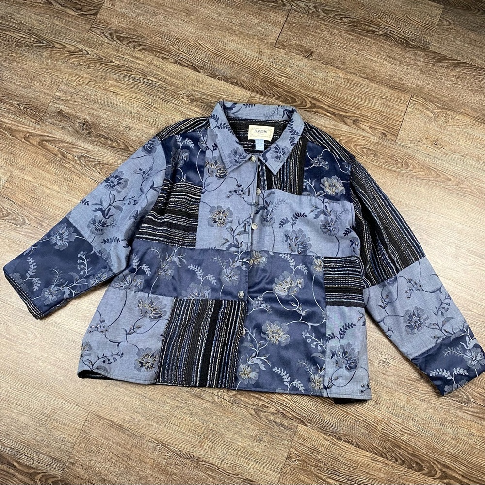 Vintage TANTRUMS Coat Women 3X Blue Patchwork Floral Beaded Viscose Art To Wear